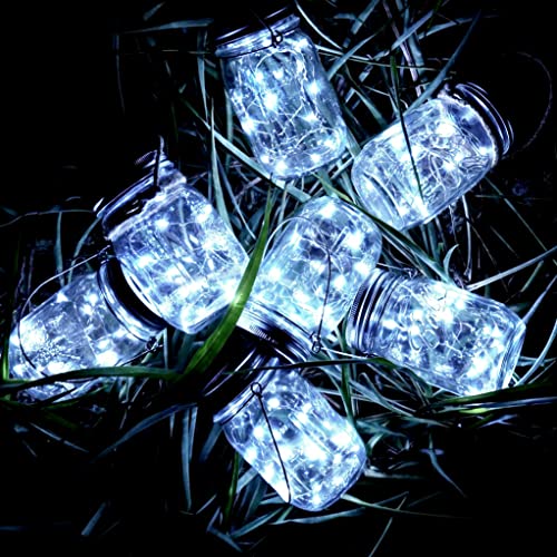 SmilingTown Solar Mason Jar Lights 10 Pack 20 LED Waterproof Outdoor Fairy Firefly String Light Lids with 10 Hangers Rust Resist for Patio Lawn Garden Wedding Lantern Decor No Jars (Cool White) - Image 3