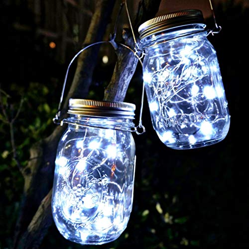 SmilingTown Solar Mason Jar Lights 10 Pack 20 LED Waterproof Outdoor Fairy Firefly String Light Lids with 10 Hangers Rust Resist for Patio Lawn Garden Wedding Lantern Decor No Jars (Cool White) - Image 5
