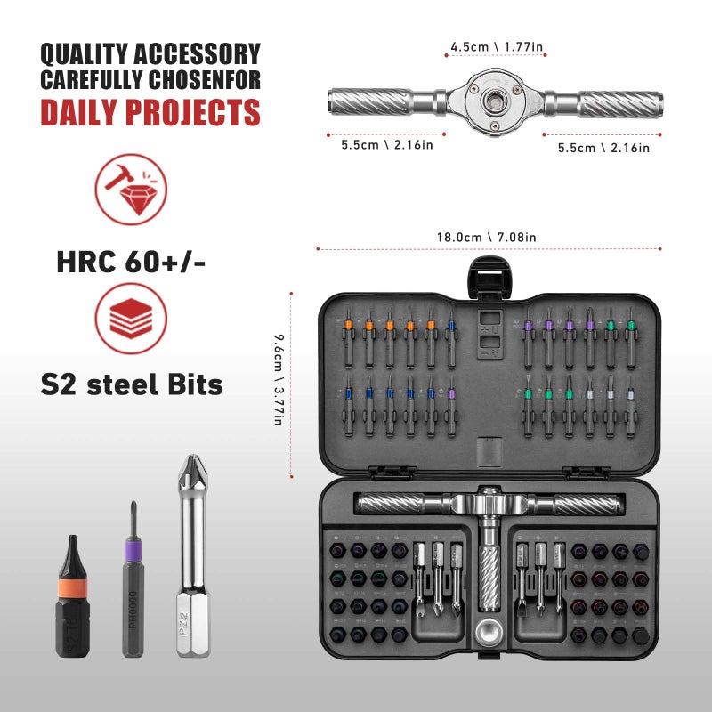 VMAN Ratchet Screwdriver Set, 66 in 1 magnetic Screwdriver sets, S2 Steel Bits, DIY Combination Flexible Shaft, Suitable for Furniture Assembly, Precision Electrical Appliance Repair, Bicycle Tools - Image 2