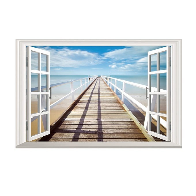 3D PEEL AND STICK FAKE WINDOW VIEW WALL STICKER DECAL BEACH SEASIDE WOODEN PATHWAY SCENERY