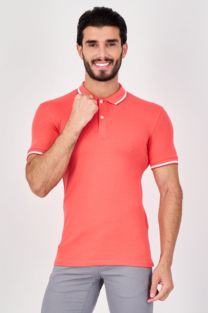 Celio Men Regular Fit Plain Short Sleeve Polo Shirts, Coral Red - Image 1