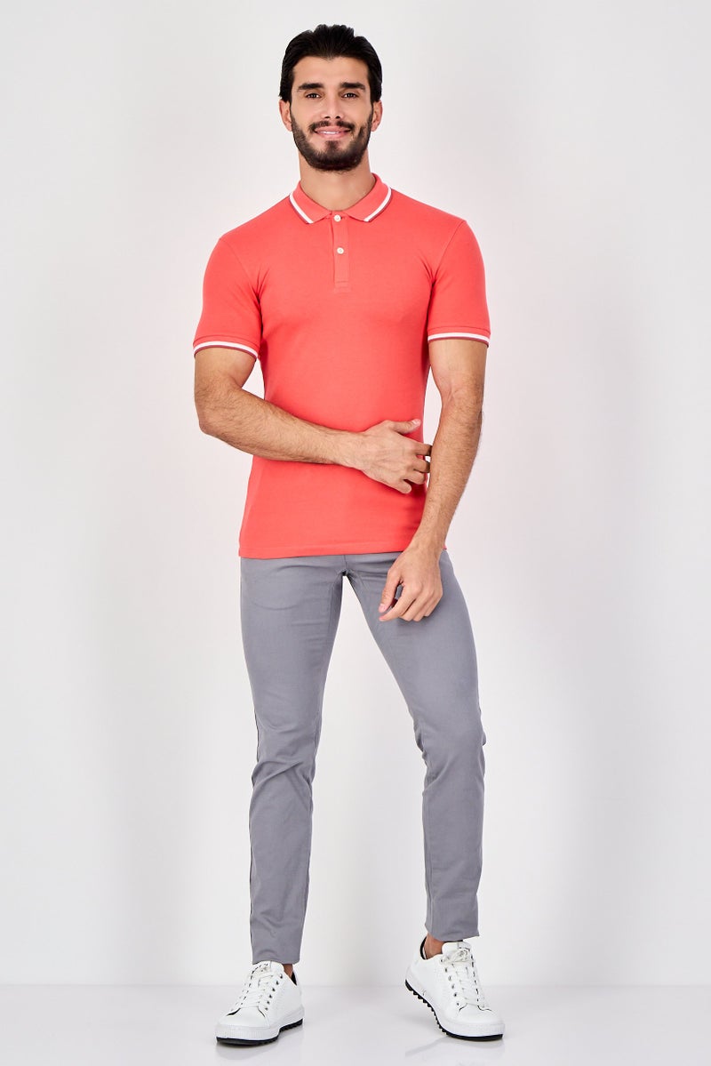 Celio Men Regular Fit Plain Short Sleeve Polo Shirts, Coral Red - Image 3