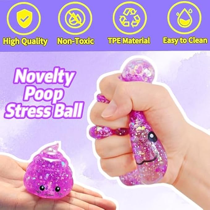 EVDERS Novelty Squishy Poo Stress Ball Squishies Toys, Glitter Sensory Poop Stress Sugar Balls, Funny Stretch and Squeeze Fidget Toys for Kids and Adults, Fool's Day Prank Gift Party Favor (Purple) - Image 5