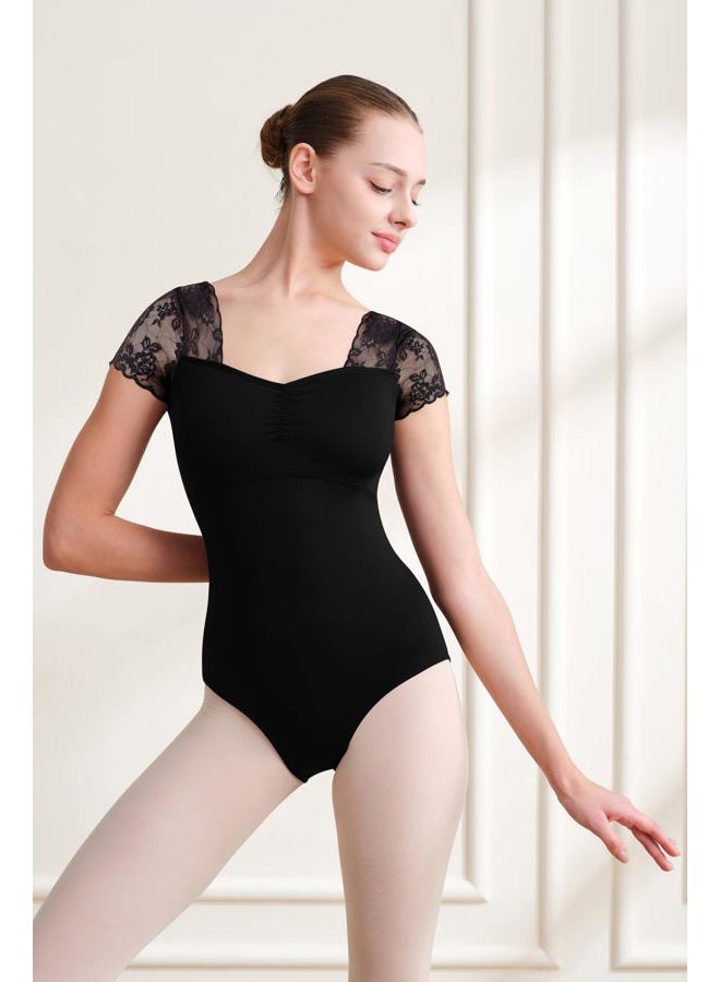 Tegmk Women Lace Short Sleeve Ballet Dance Leotard, Full Front Lining, Open Back, Black, S - Image 3