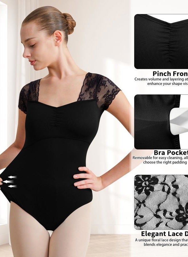 Tegmk Women Lace Short Sleeve Ballet Dance Leotard, Full Front Lining, Open Back, Black, S - Image 4