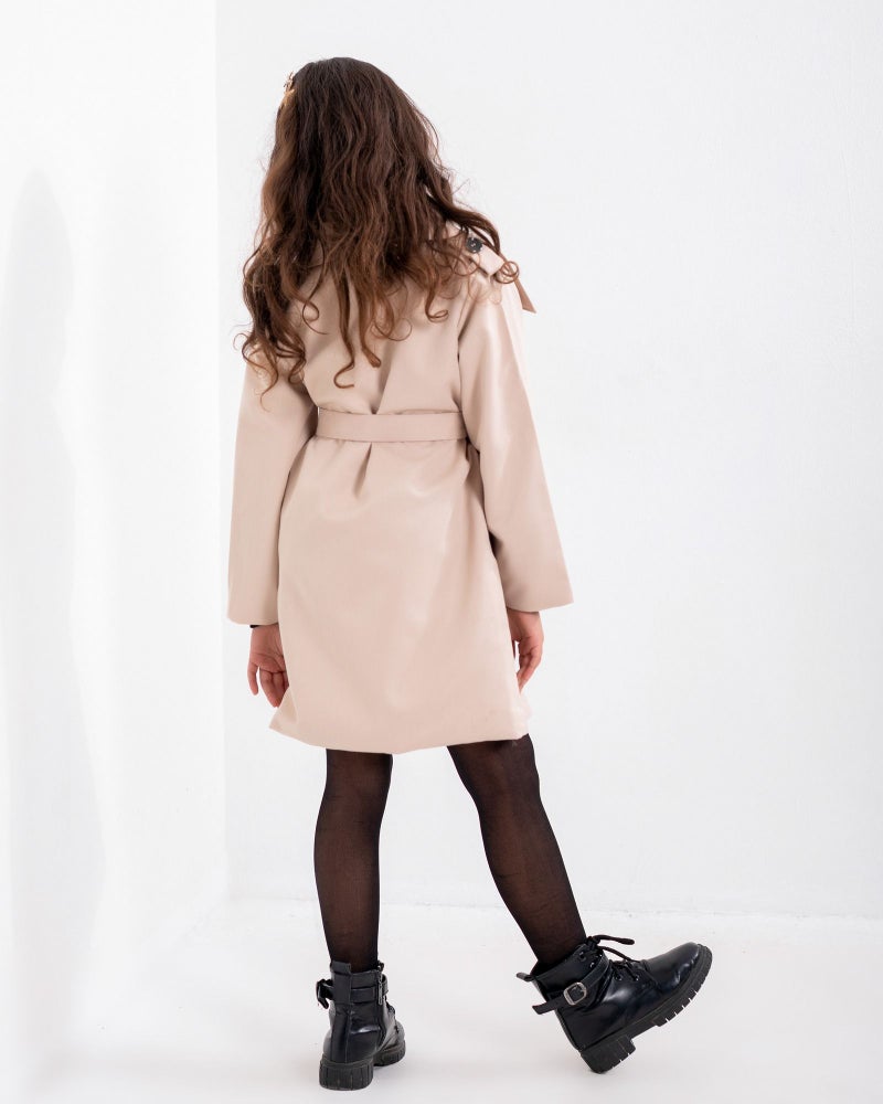 تالا بالطو ترنش بناتي بيج بطبقتين وحزام - Image 3