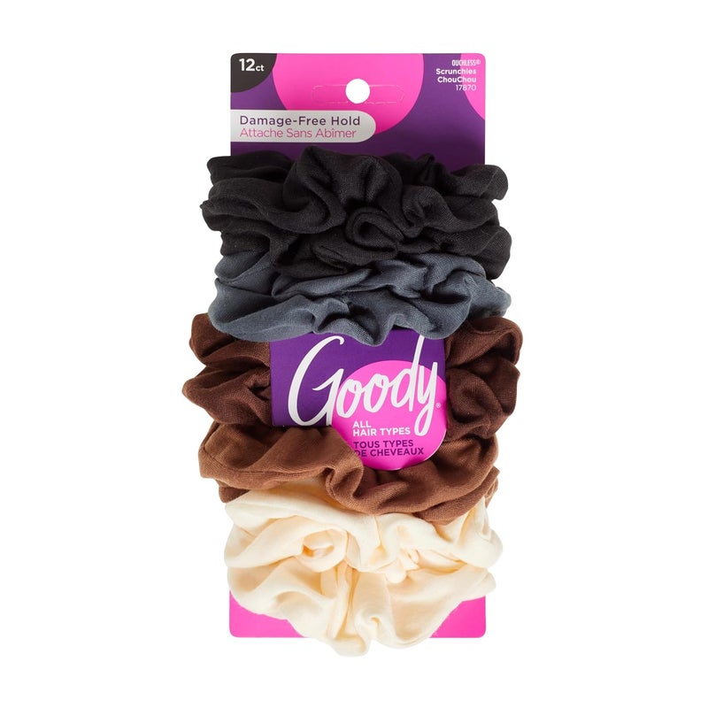 Goody Ouchless Scrunchies for Women  12 Ct Assorted Neutral Tones DamageFree  Secure Hold Hair Ties Gentle Hair Accessories for Women  Men All Day Comfort All Hair Types