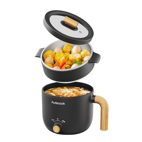 Audecook Hot Pot Electric with Steamer, 1.5L Portable Nonstick Rapid Noodles Cooker, Travel Electric Skillet with Dual Power Control for Pasta/Soup/Steak/Egg/Oatmeal(Black) - Image 1