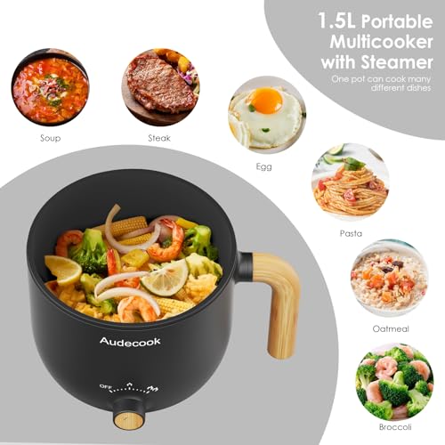 Audecook Hot Pot Electric with Steamer, 1.5L Portable Nonstick Rapid Noodles Cooker, Travel Electric Skillet with Dual Power Control for Pasta/Soup/Steak/Egg/Oatmeal(Black) - Image 2
