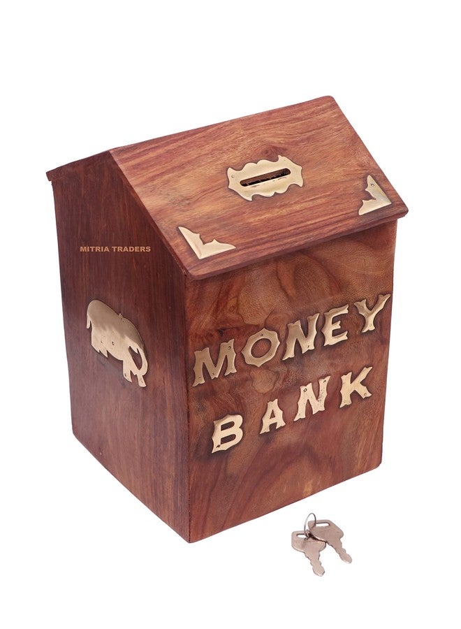 MITRIA TRADERS Money Bank - Big Size Master Size Large Piggy Bank Wooden 25x15x15 CM for Kids and Adults (Brown) (HUT Money Bank(10x 6 INCH)) - Image 1