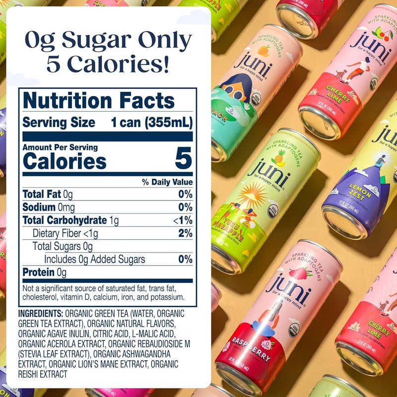 Juni Sparkling Adaptogen Drink Variety Pack - 12 Cans of Cherry Lime, Strawberry Hibiscus & Yuzu Pineapple - Image 2