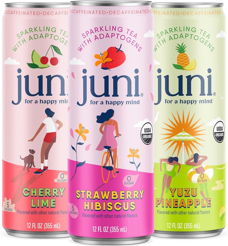 Juni Sparkling Adaptogen Drink Variety Pack - 12 Cans of Cherry Lime, Strawberry Hibiscus & Yuzu Pineapple - Image 1