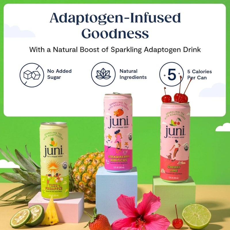 Juni Sparkling Adaptogen Drink Variety Pack - 12 Cans of Cherry Lime, Strawberry Hibiscus & Yuzu Pineapple - Image 3