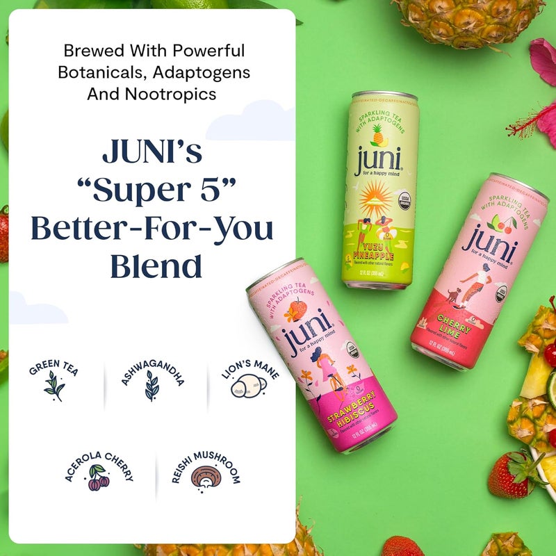 Juni Sparkling Adaptogen Drink Variety Pack - 12 Cans of Cherry Lime, Strawberry Hibiscus & Yuzu Pineapple - Image 4