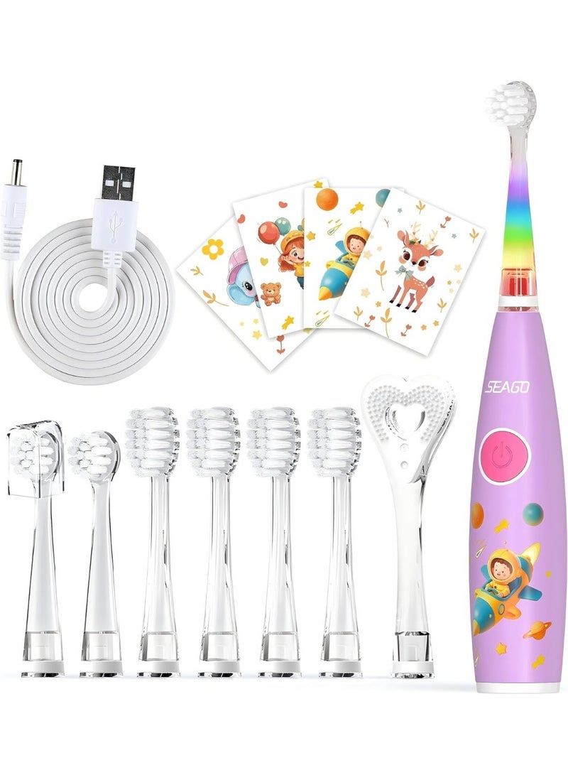 Seago Kids Electric Toothbrushes, Toddler Electric Toothbrush with Colorful Light, 8 Soft Toothbrush Heads, Cute Animal Stickers, Once Full Charger for 60 Days, for Childrens Boys Girls, SG-2159(Pink) - Image 1