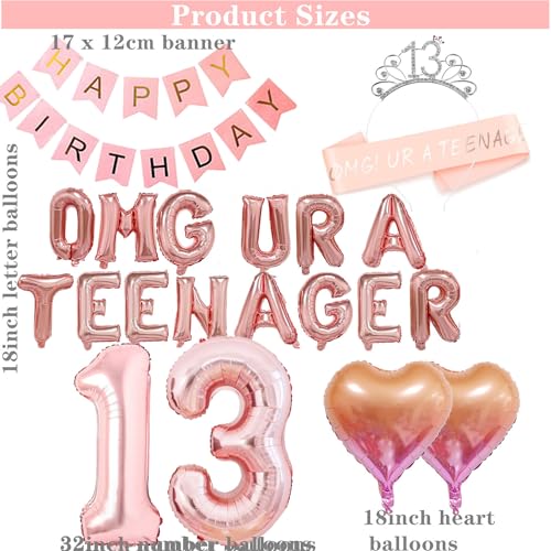 DUFACAI 13th Birthday Decorations Thirteen Teenager Birthday OMG UR A Teenager Balloons 13th Birthday Tiara Sash Happy Birthday Banner for 13 Year Old Teen Girls Birthday Party Supplies Rose gold - Image 5