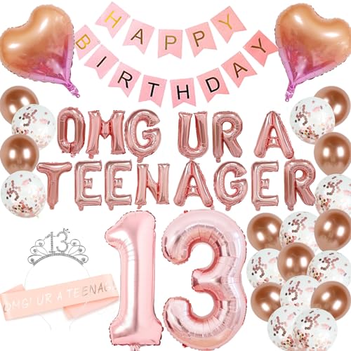 DUFACAI 13th Birthday Decorations Thirteen Teenager Birthday OMG UR A Teenager Balloons 13th Birthday Tiara Sash Happy Birthday Banner for 13 Year Old Teen Girls Birthday Party Supplies Rose gold - Image 1