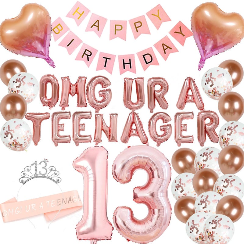 DUFACAI 13th Birthday Decorations Thirteen Teenager Birthday OMG UR A Teenager Balloons 13th Birthday Tiara Sash Happy Birthday Banner for 13 Year Old Teen Girls Birthday Party Supplies Rose gold - Image 3