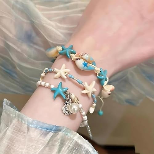 FFZDENA 3 Pcs Beach Jewellery for Women Bracelets for Women Stylish, Sea Star Shell Conch Beaded Bracelet Set, Ocean Theme Accessories for Casual Wear, Blue Color Handmade Jewelry Collection - Image 3