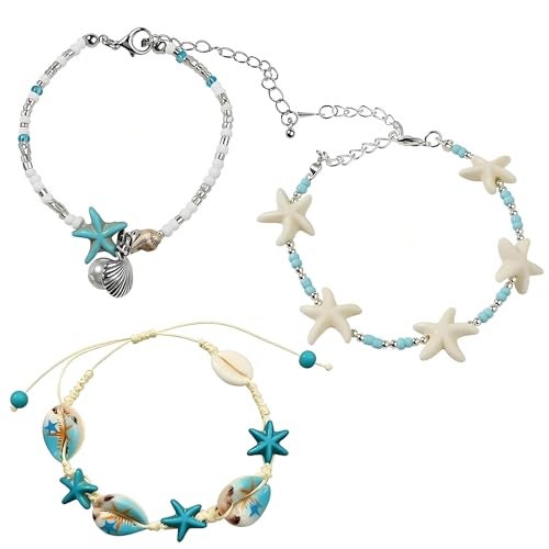 FFZDENA 3 Pcs Beach Jewellery for Women Bracelets for Women Stylish, Sea Star Shell Conch Beaded Bracelet Set, Ocean Theme Accessories for Casual Wear, Blue Color Handmade Jewelry Collection - Image 1