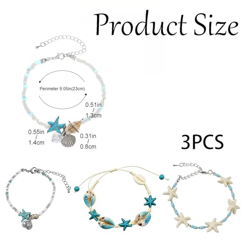 FFZDENA 3 Pcs Beach Jewellery for Women Bracelets for Women Stylish, Sea Star Shell Conch Beaded Bracelet Set, Ocean Theme Accessories for Casual Wear, Blue Color Handmade Jewelry Collection - Image 2