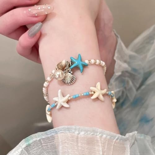 FFZDENA 3 Pcs Beach Jewellery for Women Bracelets for Women Stylish, Sea Star Shell Conch Beaded Bracelet Set, Ocean Theme Accessories for Casual Wear, Blue Color Handmade Jewelry Collection - Image 4