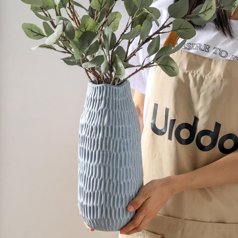 Uiddo 12.6 Inch Mat Blue Modern Handmade Ceramic Vase, Rustic Farmhouse Decorative Flower Vases for Home Decor,Pampas Grass Bouquet, Living Room,Kitchen,Office,Bedroom,Centerpiece Table Decorations - Image 5