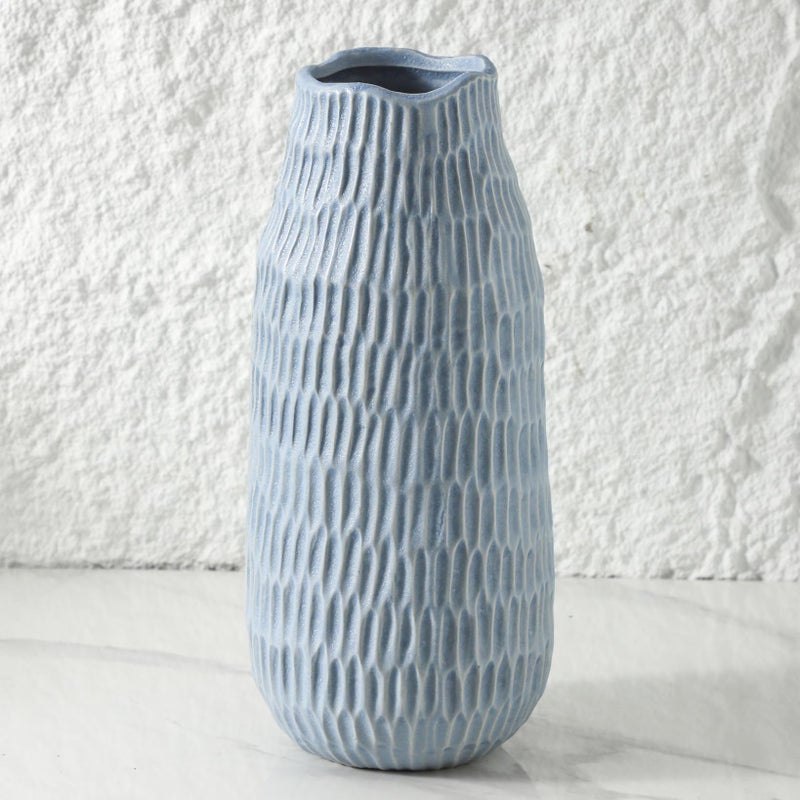 Uiddo 12.6 Inch Mat Blue Modern Handmade Ceramic Vase, Rustic Farmhouse Decorative Flower Vases for Home Decor,Pampas Grass Bouquet, Living Room,Kitchen,Office,Bedroom,Centerpiece Table Decorations - Image 1
