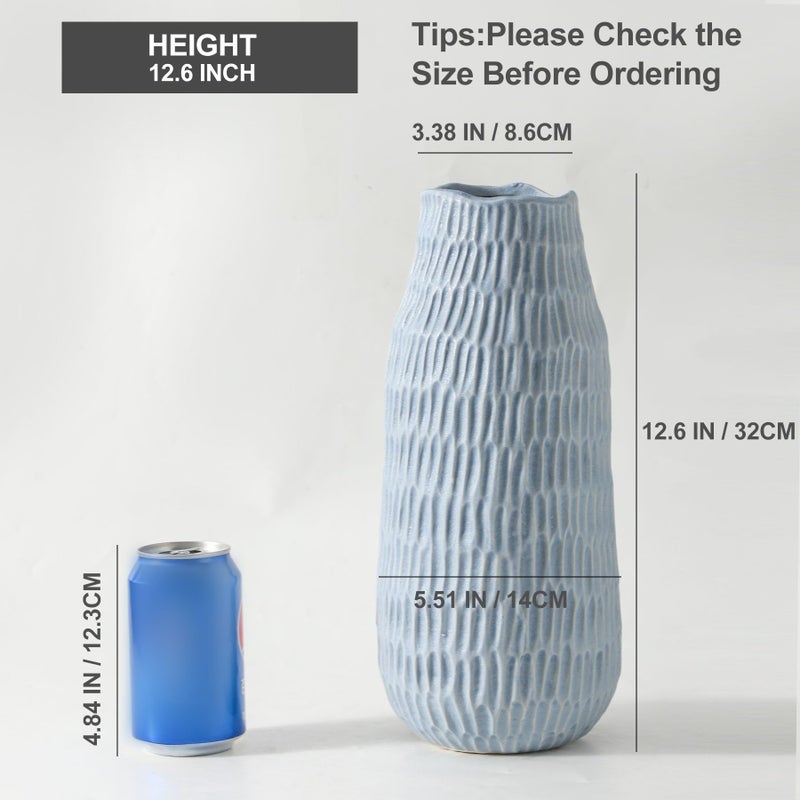 Uiddo 12.6 Inch Mat Blue Modern Handmade Ceramic Vase, Rustic Farmhouse Decorative Flower Vases for Home Decor,Pampas Grass Bouquet, Living Room,Kitchen,Office,Bedroom,Centerpiece Table Decorations - Image 3