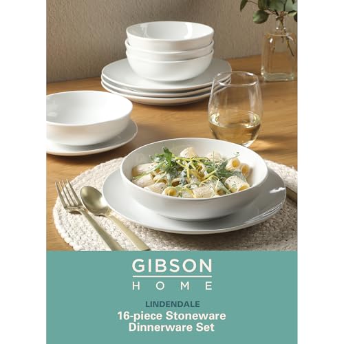 Gibson Home أطقم غيبسون هوم ليندينديل من 16 قطعة من الأطباق والأوعية الخزفية المقاومة للخدوش والرقائق لخدمة 4 أشخاص - أبيض - Image 2