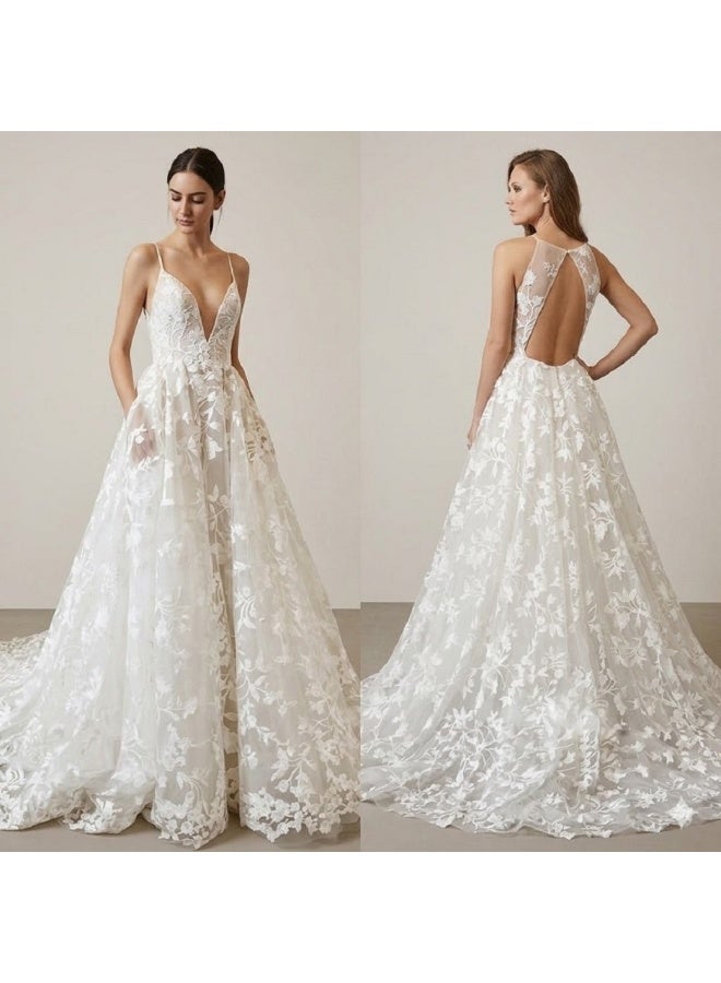 ناكسوس فستان زفاف بفتحة صدر عميقة من الدانتيل الزهري والتول - Image 1