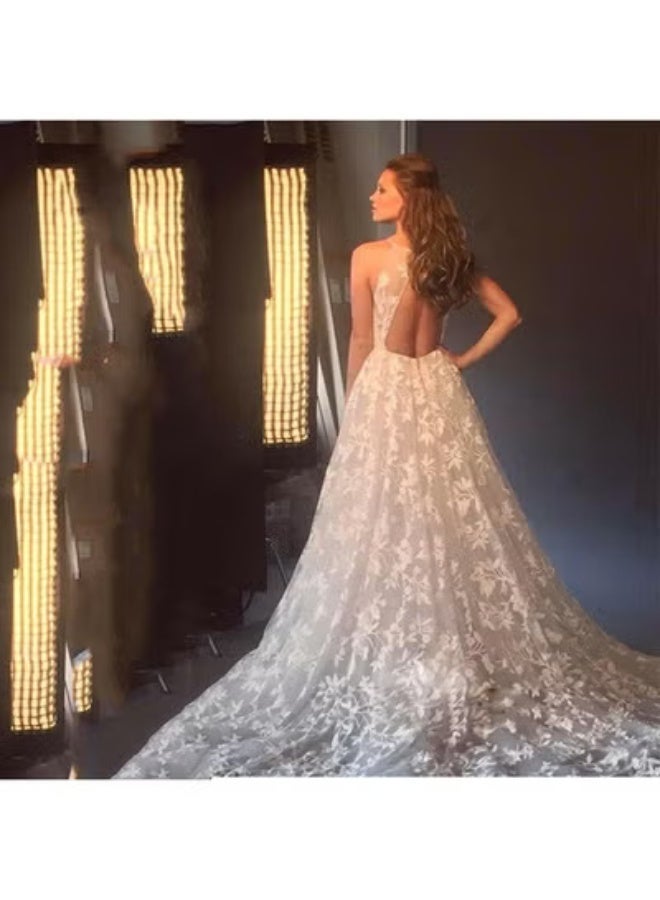 ناكسوس فستان زفاف بفتحة صدر عميقة من الدانتيل الزهري والتول - Image 4