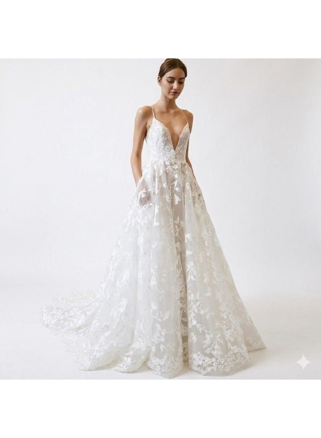 ناكسوس فستان زفاف بفتحة صدر عميقة من الدانتيل الزهري والتول - Image 2