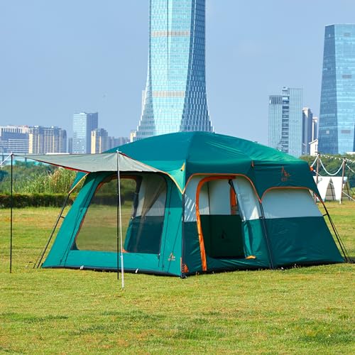 KTT Extra Large Tent 10 Person,Family Cabin Tents,2 Rooms,3 Doors and 3 Windows with Mesh,Straight Wall,Waterproof,Double Layer,Big Tent for Outdoor,Picnic,Camping,Family Gathering(Green) - Image 2
