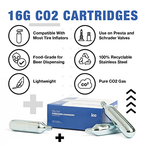 ICO 16g Co2 Cartridges (30 pack), Handheld, Alloy Steel, Food Grade, 100 psi, Automatic, Leak Proof, Two-year Guarantee, Ideal for Bike Tires & Beverage Devices - Image 2