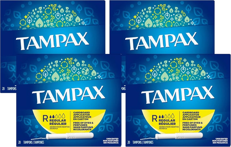 تامباكس سدادات قطنية مع تطبيق كرتوني، امتصاص عادي، 20 قطعة، عبوة من 4