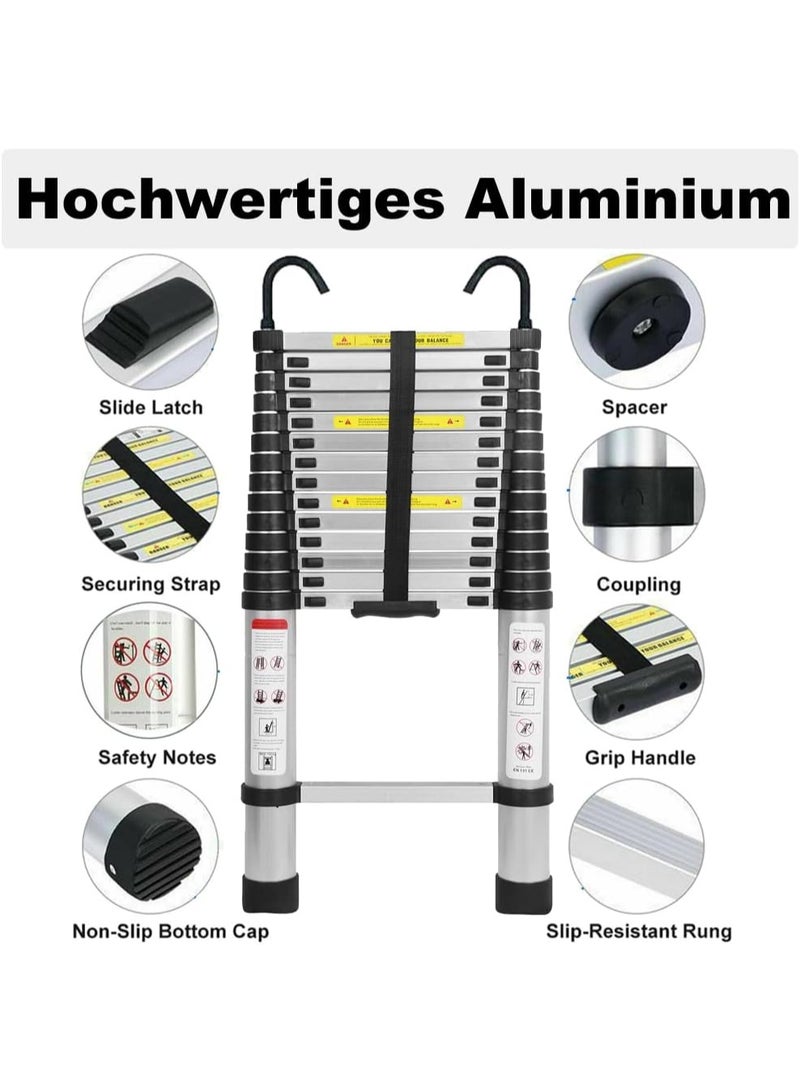 6.2M Telescopic Aluminium Ladder with Hooks – Extendable Multi-Purpose Ladder, Max Load 150kg (Silver) - Image 4