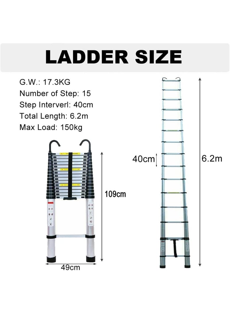 6.2M Telescopic Aluminium Ladder with Hooks – Extendable Multi-Purpose Ladder, Max Load 150kg (Silver) - Image 2