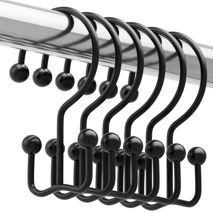 SHOWER CURTAIN HOOKS BLACK MINIMALIST SIMPLE DOUBLE GLIDE SHOWER CURTAIN RINGS RUST PROOF METAL SHOWER HOOKS RINGS FOR BATHROOM SHOWER RODS CURTAINS SET OF 12 HOOKS