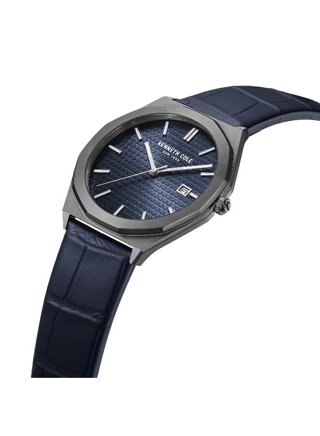 Kenneth Cole New York ساعة أنالوج للرجال بقرص أزرق وحزام جلد أزرق بتصميم كلاسيكي حديث - 41 مم - Image 2