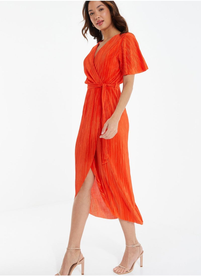 QUIZ Orange Pleated Wrap Dress  - Image 4