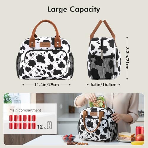 HOMESPON Buringer Lunch Bag for Woman Man Adults with Front Pocket Insulated Lunch Tote with Side Pockets Lunch Box Container for Work Picnic or Travel Cow - Image 3
