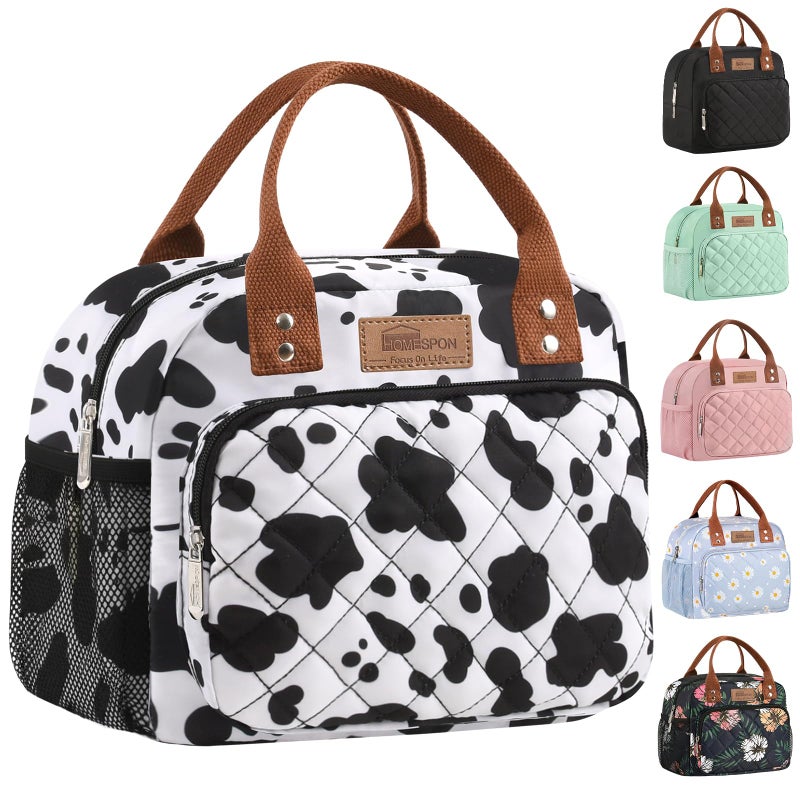 HOMESPON Buringer Lunch Bag for Woman Man Adults with Front Pocket Insulated Lunch Tote with Side Pockets Lunch Box Container for Work Picnic or Travel Cow - Image 2