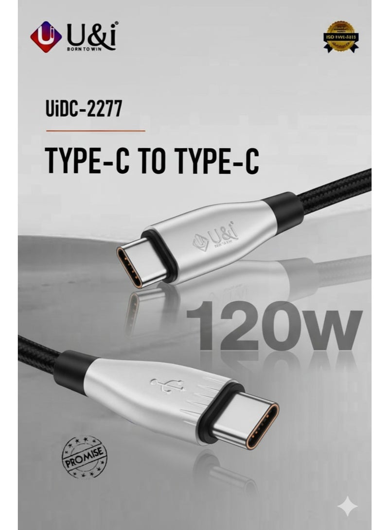 يو اند اي كابل شحن سريع U&i USB-C إلى USB-C بقوة 120 واط | مضفر بالنايلون، يدعم تقنية توصيل الطاقة (PD) | سلك أسود لنقل البيانات وشحن ايفون 17/16/15 برو ماكس، سامسونج جالكسي S25/S24 الترا، وماك بوك - Image 2