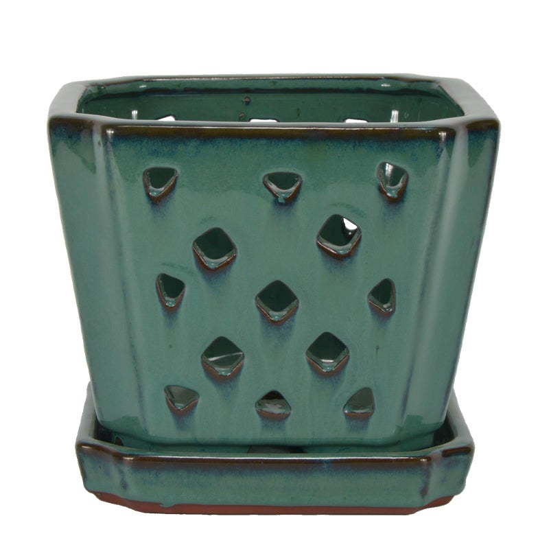 w w W&W Orchid Pot with Holes and Saucer for Repotting, Green, 7" - Image 2