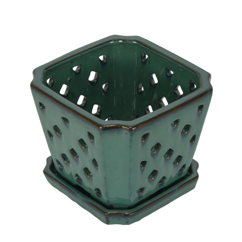w w W&W Orchid Pot with Holes and Saucer for Repotting, Green, 7" - Image 3