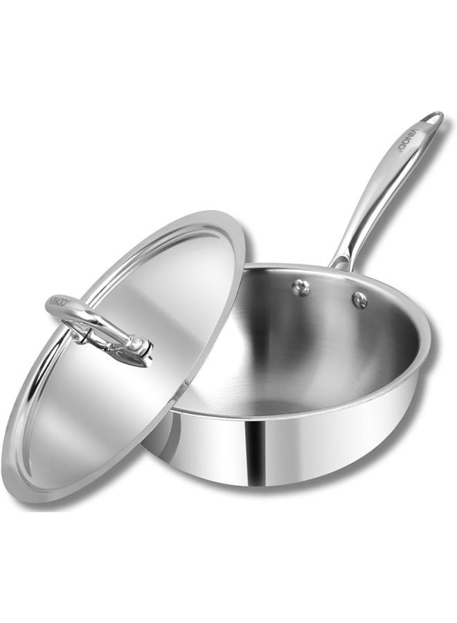 VINOD Platinum Triply Stainless Steel Deep Frying Pan with Lid - 1.8 L, 20 cm | 2.5 mm thick Tri ply Cookware | Heavy-Bottom Frypan for Healthy, Low-Oil Cooking | Induction and Gas Compatible - Image 1