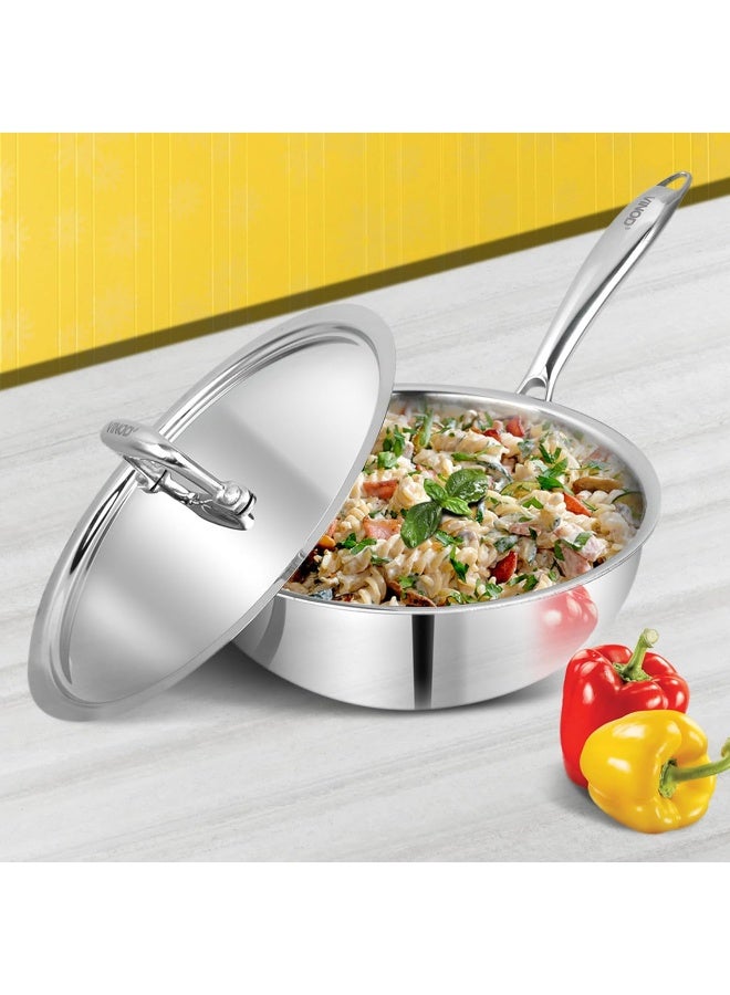 VINOD Platinum Triply Stainless Steel Deep Frying Pan with Lid - 1.8 L, 20 cm | 2.5 mm thick Tri ply Cookware | Heavy-Bottom Frypan for Healthy, Low-Oil Cooking | Induction and Gas Compatible - Image 2