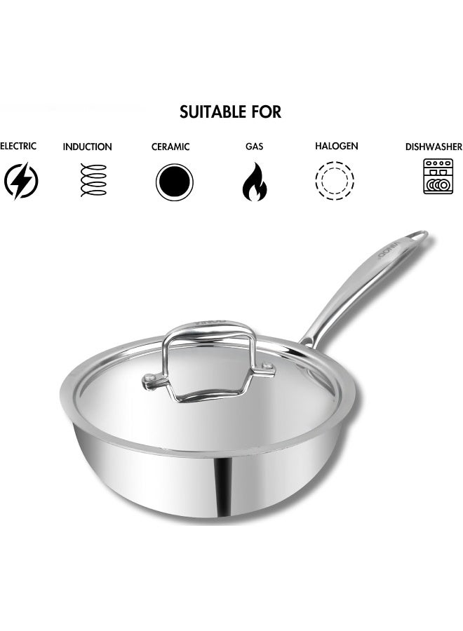 VINOD Platinum Triply Stainless Steel Deep Frying Pan with Lid - 1.8 L, 20 cm | 2.5 mm thick Tri ply Cookware | Heavy-Bottom Frypan for Healthy, Low-Oil Cooking | Induction and Gas Compatible - Image 4