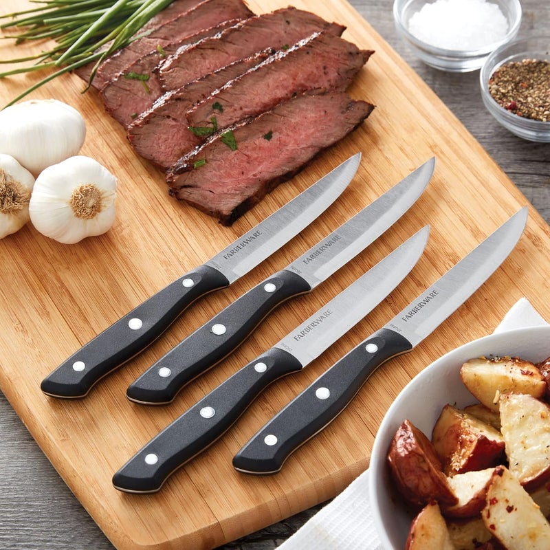 Farberware Triple-Riveted 4-Piece Steak Knife Set, High-Carbon Stainless Steel, Razor-Sharp Knives, Kitchen Knives, Set of 4, Black - Image 5